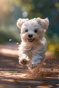 Maltese puppy run to the park, look so happy and smile