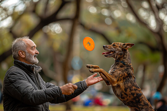 A man throws a Frisbee at a dog far away from him in the park