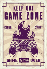 Gamepad and fire vector poster for gaming club or tournament event in vintage style. Illustration with removable grunge textures