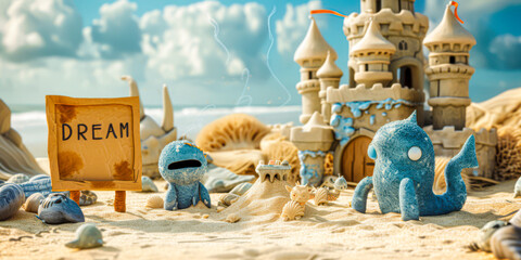 Cuddly imaginative funny creatures building sandcastles, with blank signboards 