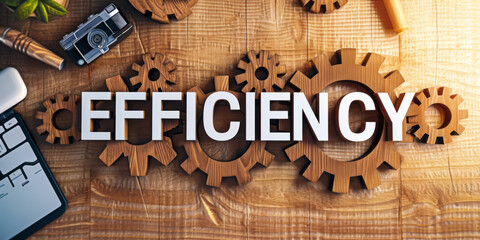 "EFFICIENCY" written in wooden gears , PRODUCTIVITY concept