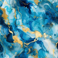 Vivid abstract fluid art with blue and gold swirls, evoking luxury and creativity.