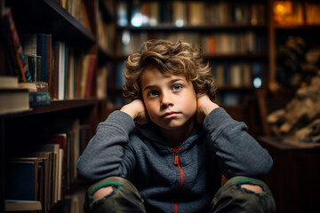 Generative AI photo of clever cute little child bookworm among the library shelves