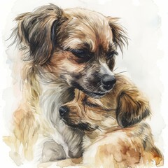 A watercolor painting of two dogs embracing, showing affection and companionship.