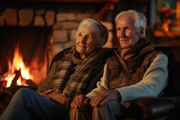 Senior couple sitting together with a warm blanket by the fireplace.