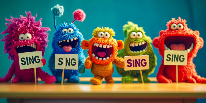 Cuddly musical funny creatures having a karaoke party, with blank signboards "SING" to help communicate the messages.