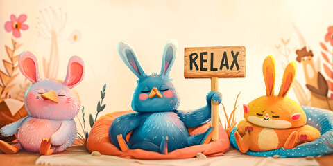 Cuddly sleepy funny creatures enjoying a lazy Sunday, with blank signboards "RELAX" to help communicate the messages.