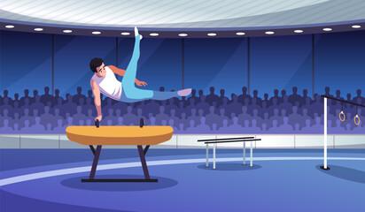 Male sports gymnast performance. Professional athlete in sports competitions, young man on pommel horse performs tricks, circus show, cartoon flat style isolated tidy vector concept