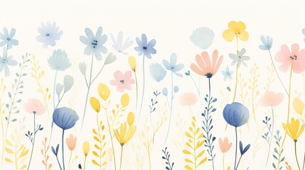 Watercolour floral pattern, delicate flowers, yellow, blue and pink flowers, cute colorful floral abstract print