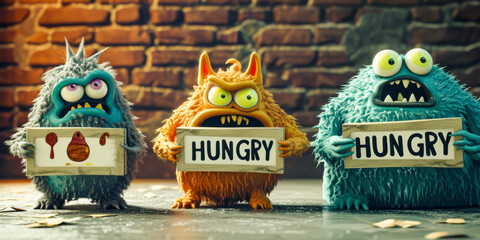 Cuddly strange funny creatures asking for food, with blank signboards saying "HUNGRY" to help communicate the messages.