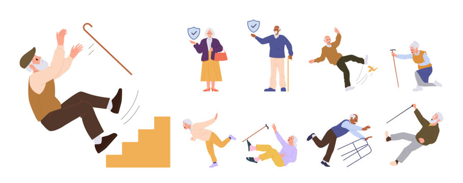 Elderly people insurance big set with senior man and woman falling down and need protection