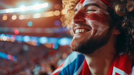Ecstatic england soccer fan with face paint in flag colors cheering at stadium event with text space