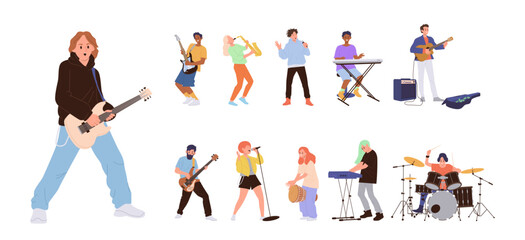 People musicians rock, pop, jazz stars cartoon characters singing, playing music instrument big set