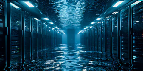 dark servers data center room under the sea water