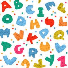 Cute kids font seamless pattern. Rounded colored letters with dots and lines, repeated funny alphabet, english abc print, nursery decor textile, wrapping paper, wallpaper. Vector background