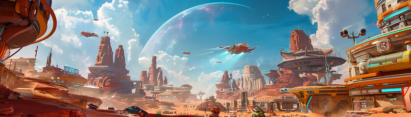 Arcade speedsters battle in a galaxy themed fantasy district ancient and modern colliding in a desert cityscape