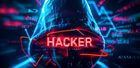 "HACKER" written with a hacker on background, INTERNET COMPUTER concept
