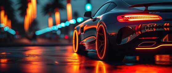 luxury black sport car side in the night of the city with uv light, 3d illustration.