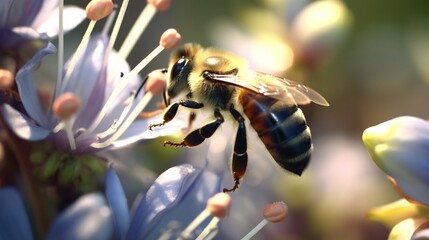 Bee pollinating blueberry blossoms close up.Generative AI - obrazy, fototapety, plakaty
