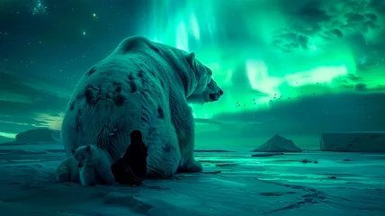 Fotobehang polar bear with aurora borealis in the polar bear arctic © Aram