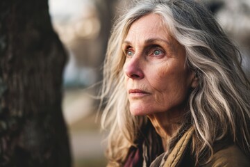 Portrait of senior woman with grey hair looking away in the park