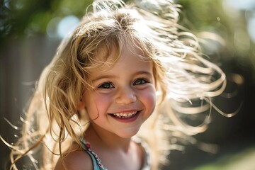 Portrait of a smiling little girl with blond hair in the park
