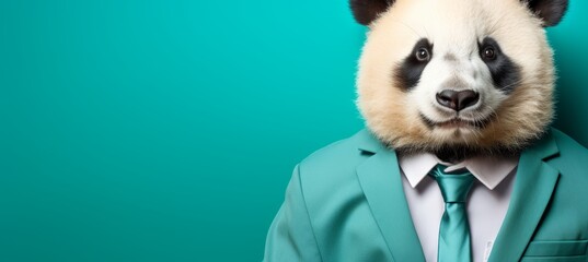 Anthropomorphic panda in business suit working in corporate studio with copy space, animal concept.
