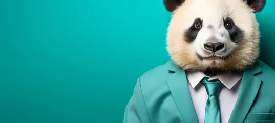 Fotobehang Anthropomorphic panda in business suit working in corporate studio with copy space, animal concept. © Ilja