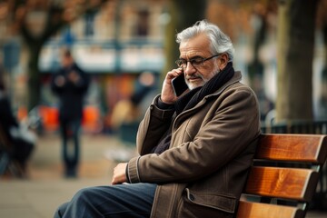 Mature man having a conversation on a mobile phone while sitting on a park bench.
