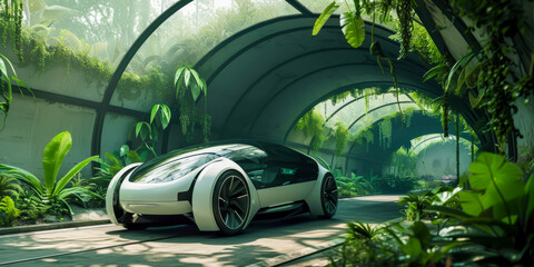 electric car of the future, parked in tunnel with lots of green vegetation