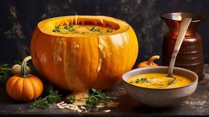 Bright tasty pureed pumpkin soup served in a hollowed.Generative AI