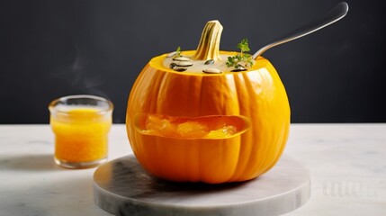 Bright tasty pureed pumpkin soup served in a hollowed.Generative AI