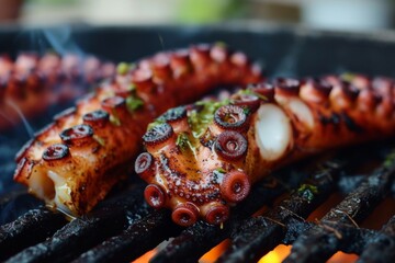 Succulent Grilled Octopus Tentacles Over Open Charcoal Flame - 740077138
