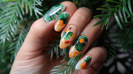 Female hand with long nails and bright orange and green manicure with bottles of nail polish