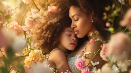 Mother and child embrace warmly, showcasing the bond between parent and child, particularly between a mother and her daughter - obrazy, fototapety, plakaty