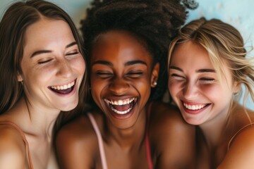 Three young women, bursting with laughter, share a candid moment of pure joy and camaraderie.