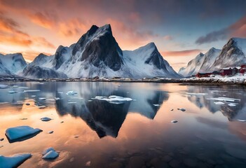 A beautiful view of snowy mountains and icy shores of the Lofoten Islands at sunset, Norway-