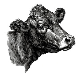 Cow, bull head. Vintage retro print, black white cow sketch ink pencil style drawing, engrave old school. Sketch artwork silhouette head cow, white background. Side view profile. Illustration