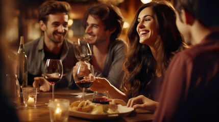 Smiling young friends drinking wine at a pub during happy hour with snacks to whet their appetites. Everyone is very happy and having fun.