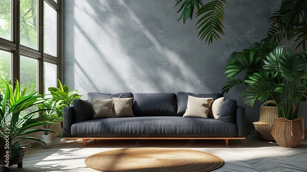 Wall mural dark sofa in bright living room design interior.