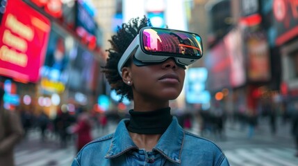 woman on the streets of new york with virtual reality glasses