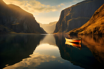 Fototapeta na wymiar Journey through the Majestic Fjord: An Unprecedented View of Surreal Calm, Tranquillity, and Solitude