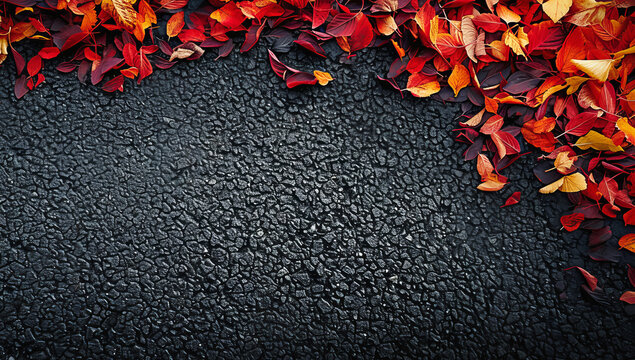 image of an asphalt surface and a frame of autumn leaves. top view, template, place for text