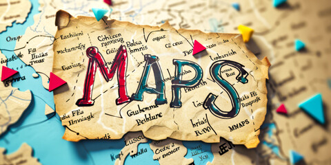 "MAPS" written by hand on a sheet on a map, TRAVEL concept
