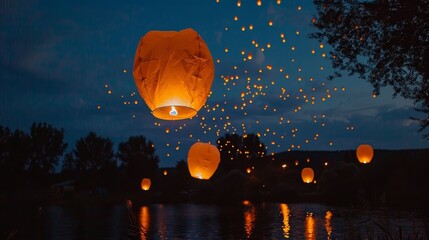 Traditional floating lantern festival  paper lanterns glowing on dark water, memorial day event - obrazy, fototapety, plakaty