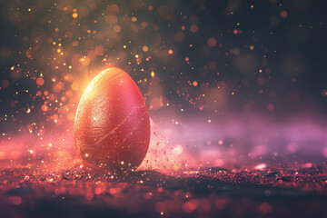 Bright colored Easter egg with scattering and sparkling light particles on dark background. Front view with copy space.  - obrazy, fototapety, plakaty