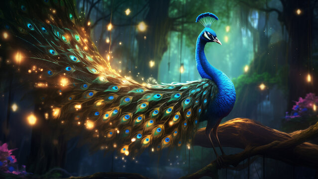 A vibrant peacock with stunning feathers fanning tail in mystical forest with glowing lights