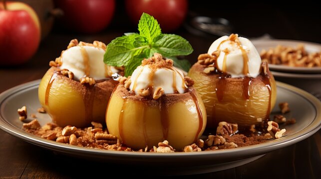 Closeup photo of a tasty baked apples stuffed with cream honey and nuts, healthy nutrition, delicious sweet food, gorgeous fruit dessert flavored with cinnamon