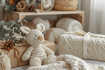 Crocheted Bunny Holding Teddy Bear
