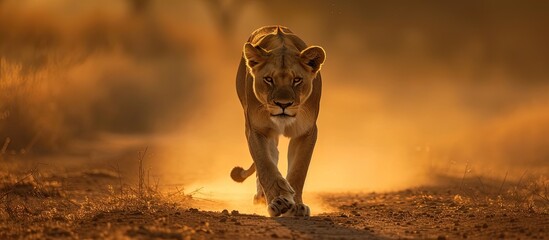 A captivating lioness runs swiftly across a dirt road, stirring up dust in her wake.